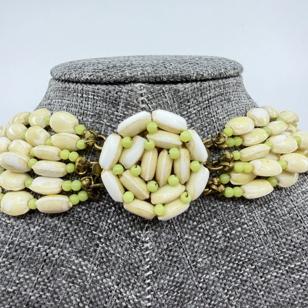 Cream Lime Green Multistrand Beaded Necklace Long Layered Chunky Boho Statement
